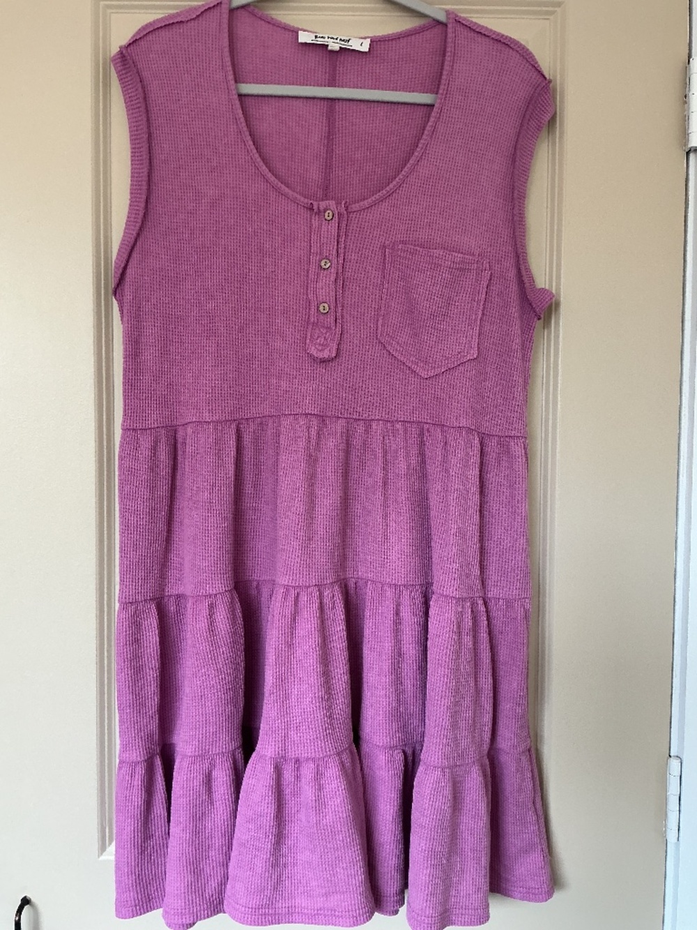 Three Bird Nest Waffle Knit Tiered Henley Purple Dress - Large